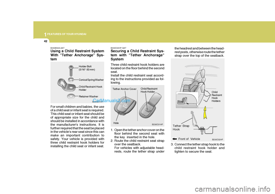 Hyundai Terracan 2005 Workshop Manual 1FEATURES OF YOUR HYUNDAI
42
B230C02HP-GAT Securing a Child Restraint Sys- tem with "Tether Anchorage"System Three child restraint hook holders are located on the floor behind the second seat.Install Hyundai Terracan 2005 Workshop Manual 1FEATURES OF YOUR HYUNDAI
42
B230C02HP-GAT Securing a Child Restraint Sys- tem with "Tether Anchorage"System Three child restraint hook holders are located on the floor behind the second seat.Install
