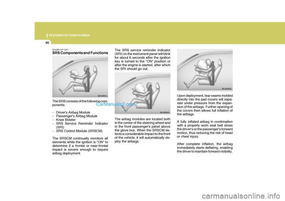 Hyundai Terracan 2005 Repair Manual 1FEATURES OF YOUR HYUNDAI
50
The SRS service reminder indicator (SRI) on the instrument panel will blinkfor about 6 seconds after the ignition key is turned to the "ON" position or after the engine is Hyundai Terracan 2005 Repair Manual 1FEATURES OF YOUR HYUNDAI
50
The SRS service reminder indicator (SRI) on the instrument panel will blinkfor about 6 seconds after the ignition key is turned to the "ON" position or after the engine is