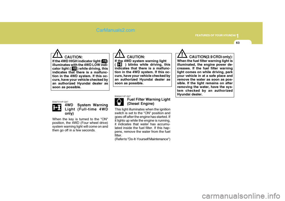 Hyundai Terracan 2005  Owners Manual 1
FEATURES OF YOUR HYUNDAI
63
!!
CAUTION:
If the 4WD HIGH indicator light (       ) illuminates with the 4WD LOW indi- cator light (       ) while driving, this indicates that there is a malfunc-tion 