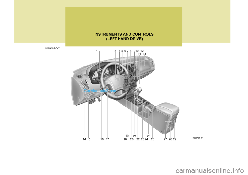 Hyundai Terracan 2005  Owners Manual B250A03HP-GATINSTRUMENTS AND CONTROLS
 (LEFT-HAND DRIVE)
B250A01HP   