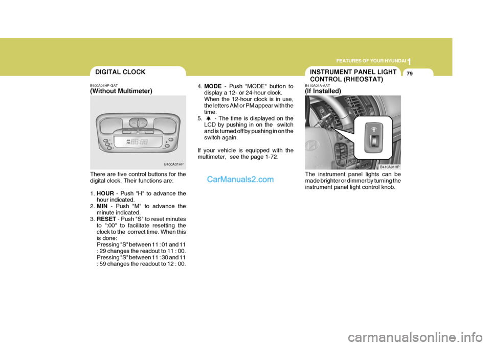 Hyundai Terracan 2005 Owners Manual 1
FEATURES OF YOUR HYUNDAI
79INSTRUMENT PANEL LIGHT CONTROL (RHEOSTAT)DIGITAL CLOCK
B400A01HP-GAT (Without Multimeter) There are five control buttons for the digital clock. Their functions are: 1. HOU Hyundai Terracan 2005 Owners Manual 1
FEATURES OF YOUR HYUNDAI
79INSTRUMENT PANEL LIGHT CONTROL (RHEOSTAT)DIGITAL CLOCK
B400A01HP-GAT (Without Multimeter) There are five control buttons for the digital clock. Their functions are: 1. HOU