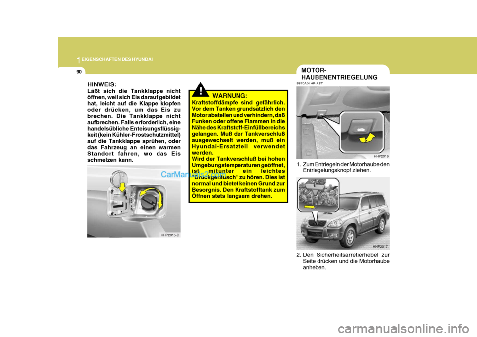 Hyundai Terracan 2005 Betriebsanleitung (in German) 1EIGENSCHAFTEN DES HYUNDAI
90MOTOR- HAUBENENTRIEGELUNG
WARNUNG:
Kraftstoffdämpfe sind gefährlich. Vor dem Tanken grundsätzlich denMotor abstellen und verhindern, daß Funken oder offene Flammen in Hyundai Terracan 2005 Betriebsanleitung (in German) 1EIGENSCHAFTEN DES HYUNDAI
90MOTOR- HAUBENENTRIEGELUNG
WARNUNG:
Kraftstoffdämpfe sind gefährlich. Vor dem Tanken grundsätzlich denMotor abstellen und verhindern, daß Funken oder offene Flammen in