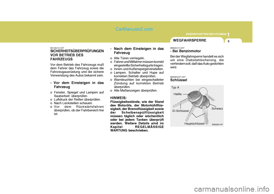 Hyundai Terracan 2005  Betriebsanleitung (in German) 1
EIGENSCHAFTEN DES HYUNDAI
5WEGFAHRSPERRE
B910A01A-SST SICHERHEITSÜBERPRÜFUNGEN VOR BETRIEB DESFAHRZEUGS Vor dem Betrieb des Fahrzeugs muß dem Fahrer das Fahrzeug sowie die Fahrzeugausrüstung und
