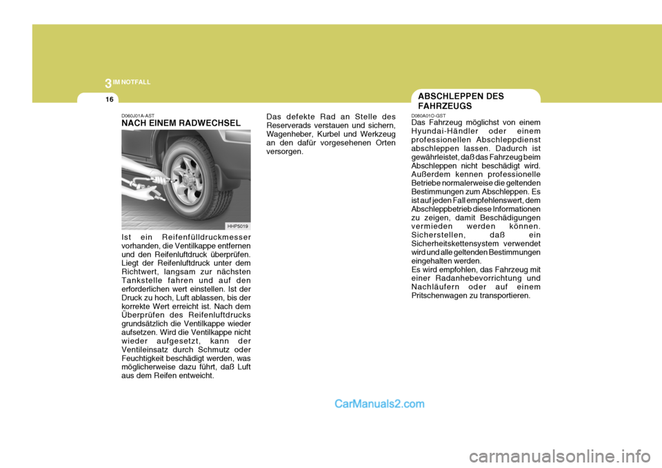 Hyundai Terracan 2005 Betriebsanleitung (in German) 3IM NOTFALL
16
HHP5019
D060J01A-AST NACH EINEM RADWECHSEL Ist ein Reifenfülldruckmesser vorhanden, die Ventilkappe entfernenund den Reifenluftdruck überprüfen. Liegt der Reifenluftdruck unter dem R Hyundai Terracan 2005 Betriebsanleitung (in German) 3IM NOTFALL
16
HHP5019
D060J01A-AST NACH EINEM RADWECHSEL Ist ein Reifenfülldruckmesser vorhanden, die Ventilkappe entfernenund den Reifenluftdruck überprüfen. Liegt der Reifenluftdruck unter dem R