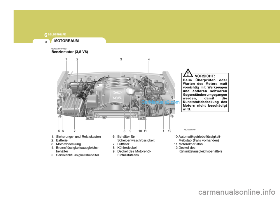Hyundai Terracan 2005 Betriebsanleitung (in German) 6SELBSTHILFE
2
1. Sicherungs- und Relaiskasten
2. Batterie
3. Motorabdeckung
4. Bremsflüssigkeitsausgleichs-
behälter
5. Servolenkflüssigkeitsbehälter 6. Behälter für
Scheibenwaschfüssigkeit Hyundai Terracan 2005 Betriebsanleitung (in German) 6SELBSTHILFE
2
1. Sicherungs- und Relaiskasten
2. Batterie
3. Motorabdeckung
4. Bremsflüssigkeitsausgleichs-
behälter
5. Servolenkflüssigkeitsbehälter 6. Behälter für
Scheibenwaschfüssigkeit