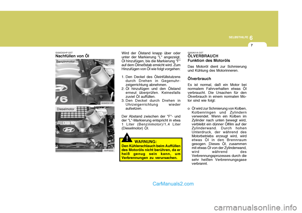 Hyundai Terracan 2005 Betriebsanleitung (in German) 6
SELBSTHILFE
7
!
G030D02HP-GST
Nachfüllen von Öl
G030D01HP
Benzinmotor
Wird der Ölstand knapp über oder
unter der Markierung "L" angezeigt, Öl hinzufügen, bis die Markierung "F" auf dem Ölmeß Hyundai Terracan 2005 Betriebsanleitung (in German) 6
SELBSTHILFE
7
!
G030D02HP-GST
Nachfüllen von Öl
G030D01HP
Benzinmotor
Wird der Ölstand knapp über oder
unter der Markierung "L" angezeigt, Öl hinzufügen, bis die Markierung "F" auf dem Ölmeß