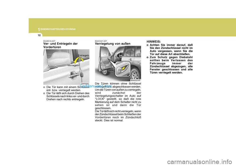 Hyundai Terracan 2005 Betriebsanleitung (in German) 1EIGENSCHAFTEN DES HYUNDAI
12
B040B01A-AST Ver- und Entriegeln der Vordertüren
o Die Tür kann mit einem Schlüssel
ent- bzw. verriegelt werden.
o Die Tür läßt sich durch Drehen des Schlüssels n Hyundai Terracan 2005 Betriebsanleitung (in German) 1EIGENSCHAFTEN DES HYUNDAI
12
B040B01A-AST Ver- und Entriegeln der Vordertüren
o Die Tür kann mit einem Schlüssel
ent- bzw. verriegelt werden.
o Die Tür läßt sich durch Drehen des Schlüssels n