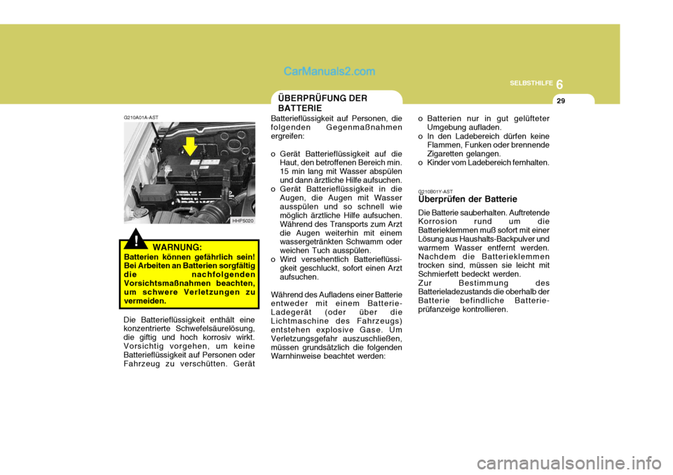 Hyundai Terracan 2005 Betriebsanleitung (in German) 6
SELBSTHILFE
29
!
ÜBERPRÜFUNG DER BATTERIE
G210A01A-AST
WARNUNG:
Batterien können gefährlich sein! Bei Arbeiten an Batterien sorgfältig die nachfolgendenVorsichtsmaßnahmen beachten, um schwere Hyundai Terracan 2005 Betriebsanleitung (in German) 6
SELBSTHILFE
29
!
ÜBERPRÜFUNG DER BATTERIE
G210A01A-AST
WARNUNG:
Batterien können gefährlich sein! Bei Arbeiten an Batterien sorgfältig die nachfolgendenVorsichtsmaßnahmen beachten, um schwere