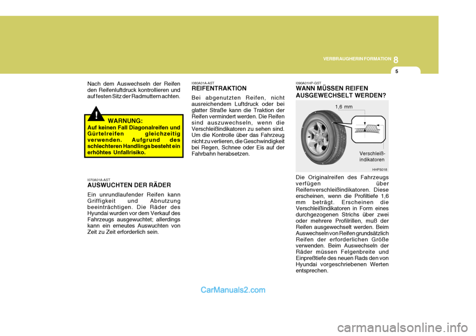 Hyundai Terracan 2005 Betriebsanleitung (in German) 8
VERBRAUGHERIN FORMATION
5
!
1,6 mm
HHP5018
WARNUNG:
Auf keinen Fall Diagonalreifen und Gürtelreifen gleichzeitig verwenden. Aufgrund desschlechteren Handlings besteht ein erhöhtes Unfallrisiko.
I0 Hyundai Terracan 2005 Betriebsanleitung (in German) 8
VERBRAUGHERIN FORMATION
5
!
1,6 mm
HHP5018
WARNUNG:
Auf keinen Fall Diagonalreifen und Gürtelreifen gleichzeitig verwenden. Aufgrund desschlechteren Handlings besteht ein erhöhtes Unfallrisiko.
I0