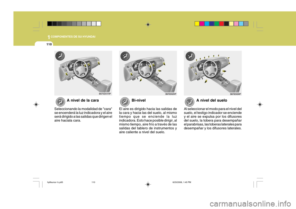 Hyundai Terracan 2005 Manual del propietario (in Spanish) 1COMPONENTES DE SU HYUNDAI
110
A nivel de la cara
Seleccionando la modalidad de "cara" se encenderá la luz indicadora y el aire será dirigido a las salidas que dirigen el aire haciala cara. Bi-nivel Hyundai Terracan 2005 Manual del propietario (in Spanish) 1COMPONENTES DE SU HYUNDAI
110
A nivel de la cara
Seleccionando la modalidad de "cara" se encenderá la luz indicadora y el aire será dirigido a las salidas que dirigen el aire haciala cara. Bi-nivel
