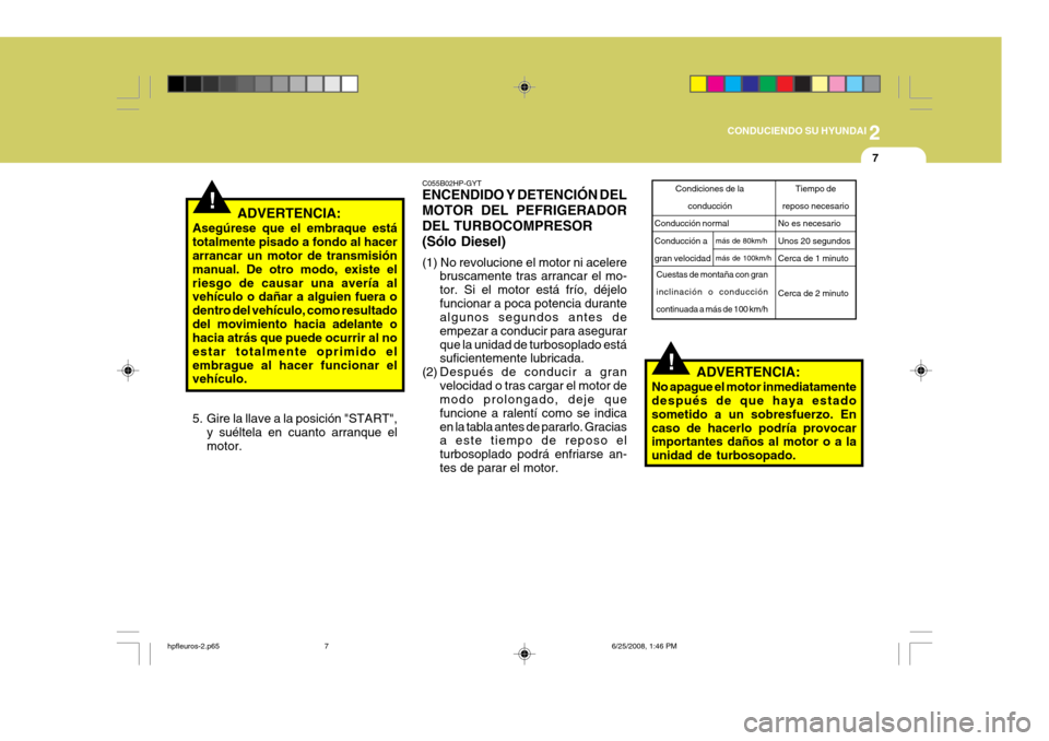 Hyundai Terracan 2005 Manual del propietario (in Spanish) 2
CONDUCIENDO SU HYUNDAI
7
!
Condiciones de la
conducción
Conducción normal Conducción agran velocidad
!
C055B02HP-GYT ENCENDIDO Y DETENCIÓN DEL MOTOR DEL PEFRIGERADORDEL TURBOCOMPRESOR(Sólo Dies Hyundai Terracan 2005 Manual del propietario (in Spanish) 2
CONDUCIENDO SU HYUNDAI
7
!
Condiciones de la
conducción
Conducción normal Conducción agran velocidad
!
C055B02HP-GYT ENCENDIDO Y DETENCIÓN DEL MOTOR DEL PEFRIGERADORDEL TURBOCOMPRESOR(Sólo Dies