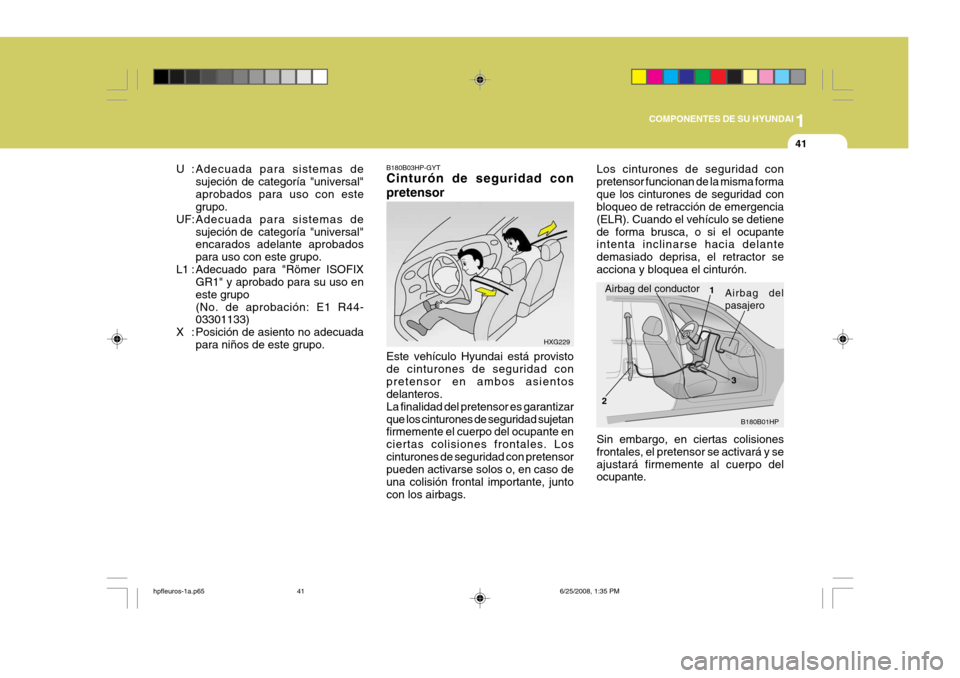 Hyundai Terracan 2005  Manual del propietario (in Spanish) 1
COMPONENTES DE SU HYUNDAI
41
U :Adecuada para sistemas de sujeción de categoría "universal" aprobados para uso con este grupo.
UF:Adecuada para sistemas de
sujeción de categoría  "universal"enca