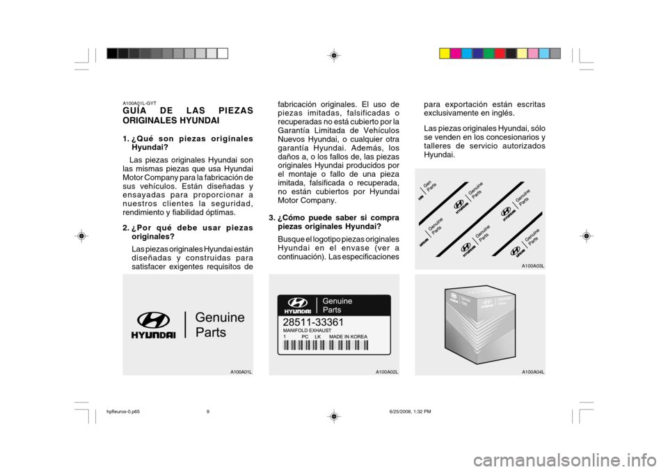 Hyundai Terracan 2005  Manual del propietario (in Spanish) A100A01L-GYT GUÍA DE LAS PIEZAS ORIGINALES HYUNDAI 
1. ¿Qué son piezas originalesHyundai?
Las piezas originales Hyundai son
las mismas piezas que usa Hyundai Motor Company para la fabricación desu