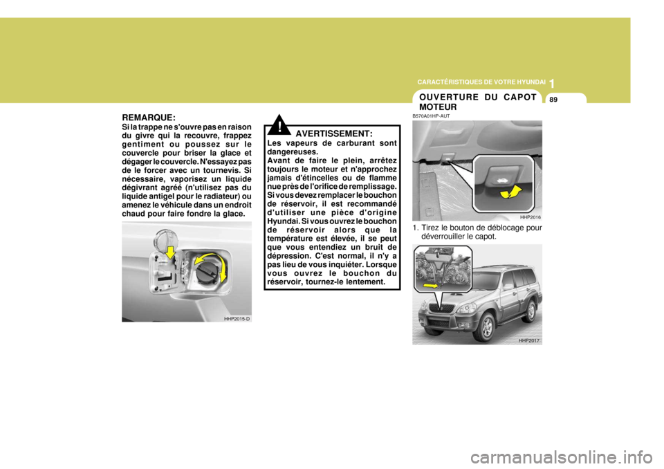 Hyundai Terracan 2005 Manuel du propriétaire (in French) 1
CARACTÉRISTIQUES DE VOTRE HYUNDAI
89
REMARQUE: Si la trappe ne souvre pas en raison du givre qui la recouvre, frappez gentiment ou poussez sur lecouvercle pour briser la glace et dégager le couve Hyundai Terracan 2005 Manuel du propriétaire (in French) 1
CARACTÉRISTIQUES DE VOTRE HYUNDAI
89
REMARQUE: Si la trappe ne souvre pas en raison du givre qui la recouvre, frappez gentiment ou poussez sur lecouvercle pour briser la glace et dégager le couve
