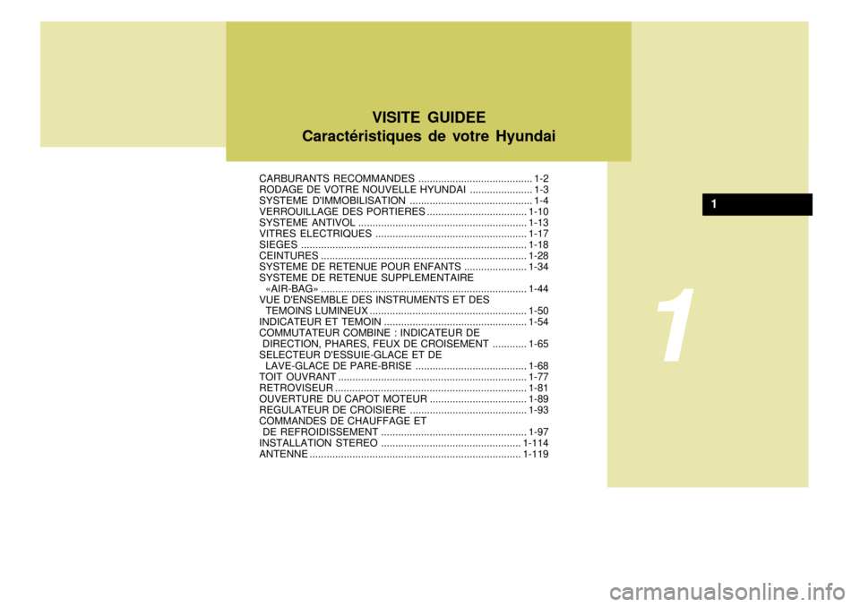 Hyundai Terracan 2005  Manuel du propriétaire (in French) VISITE GUIDEE
Caractéristiques de votre Hyundai
CARBURANTS RECOMMANDES ..... ................................... 1-2
RODAGE DE VOTRE NOUVELLE  HYUNDAI ......................1-3
SYSTEME DIMMOBILISATI