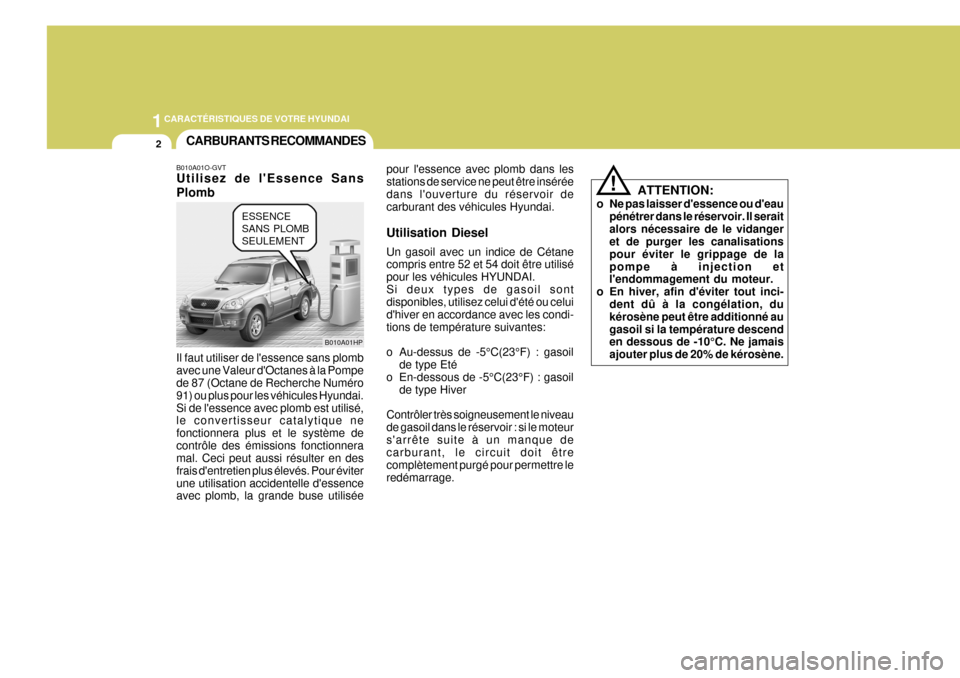 Hyundai Terracan 2005  Manuel du propriétaire (in French) 1CARACTÉRISTIQUES DE VOTRE HYUNDAI
2CARBURANTS RECOMMANDES
B010A01O-GVT Utilisez de lEssence Sans Plomb Il faut utiliser de lessence sans plomb avec une Valeur dOctanes à la Pompe de 87 (Octane d