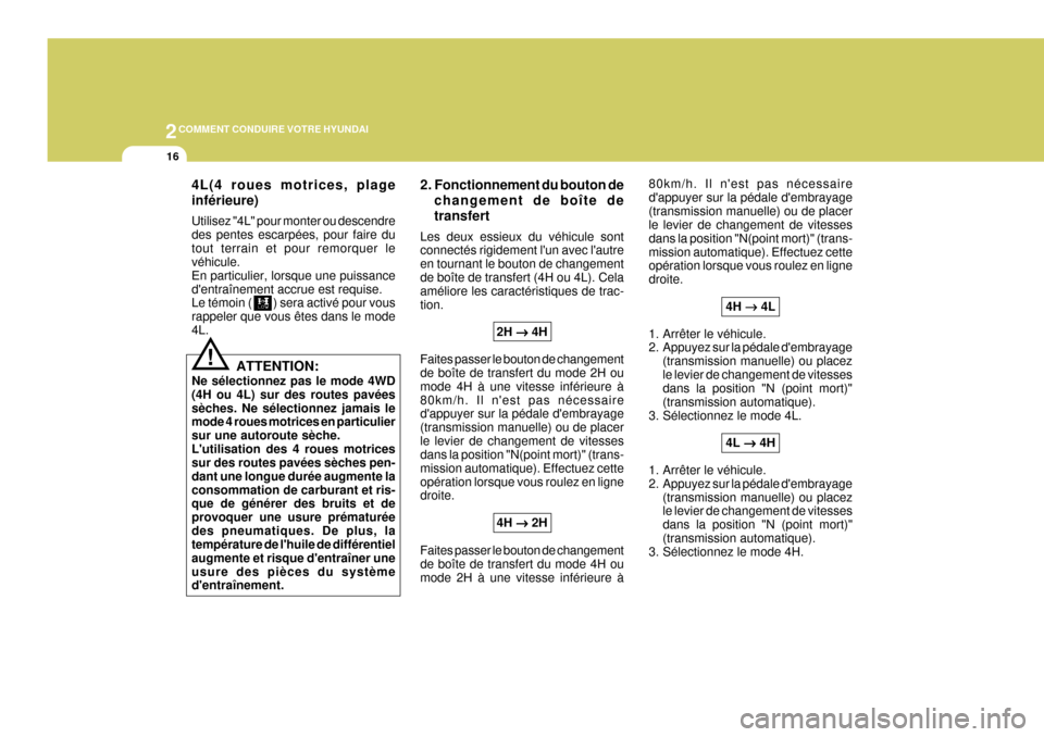 Hyundai Terracan 2005  Manuel du propriétaire (in French) 2COMMENT CONDUIRE VOTRE HYUNDAI
16
80km/h. Il nest pas nécessaire dappuyer sur la pédale dembrayage(transmission manuelle) ou de placer le levier de changement de vitesses dans la position "N(poi
