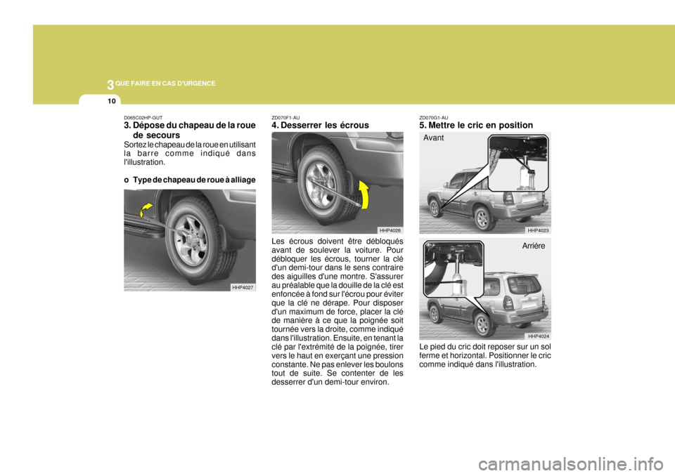 Hyundai Terracan 2005 Manuel du propriétaire (in French) 3QUE FAIRE EN CAS DURGENCE
10
ZD070F1-AU
4. Desserrer les écrous
D065C02HP-GUT3. Dépose du chapeau de la roue
de secours
Sortez le chapeau de la roue en utilisant la barre comme indiqué dans lil Hyundai Terracan 2005 Manuel du propriétaire (in French) 3QUE FAIRE EN CAS DURGENCE
10
ZD070F1-AU
4. Desserrer les écrous
D065C02HP-GUT3. Dépose du chapeau de la roue
de secours
Sortez le chapeau de la roue en utilisant la barre comme indiqué dans lil