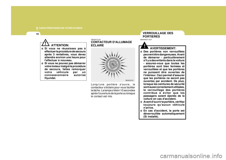 Hyundai Terracan 2005  Manuel du propriétaire (in French) 1CARACTÉRISTIQUES DE VOTRE HYUNDAI
10
!
ATTENTION:
o Si vous ne réussissez pas à effectuer la procédure de secours après 3 rentatives, vous devez attendre environ une heure pour leffectuer à no