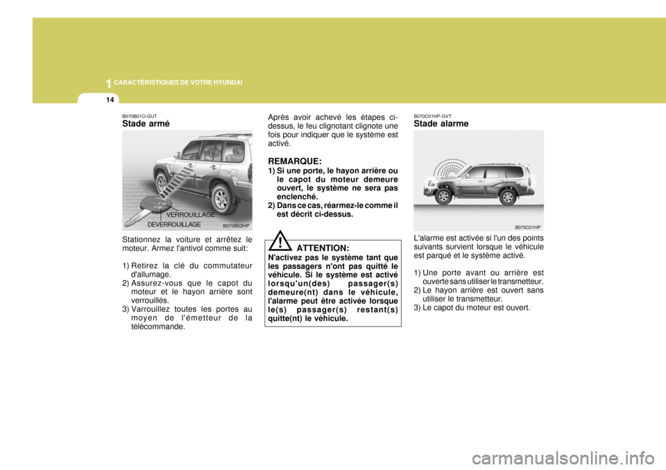 Hyundai Terracan 2005  Manuel du propriétaire (in French) 1CARACTÉRISTIQUES DE VOTRE HYUNDAI
14
!
B070B01O-GUT Stade armé Stationnez la voiture et arrêtez le moteur. Armez lantivol comme suit: 
1) Retirez la clé du commutateur
dallumage.
2) Assurez-vou