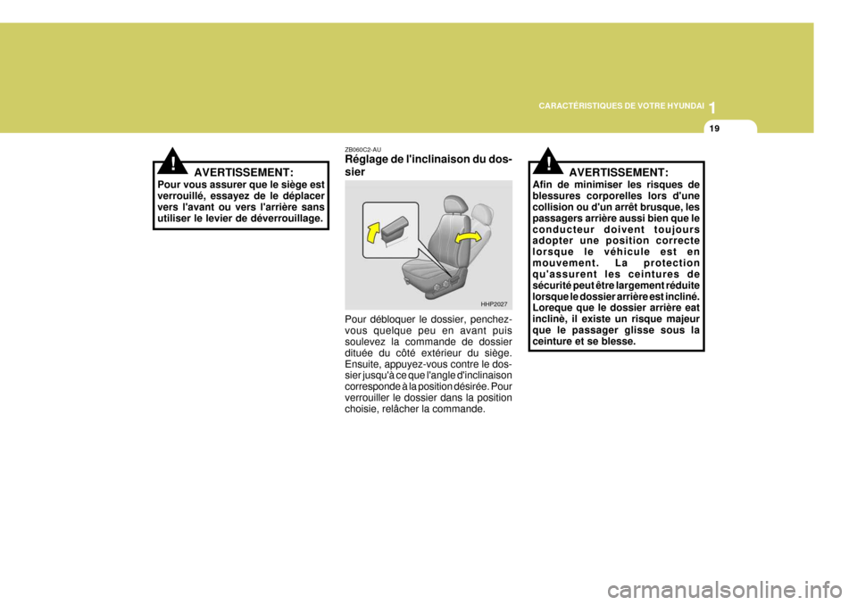 Hyundai Terracan 2005  Manuel du propriétaire (in French) 1
CARACTÉRISTIQUES DE VOTRE HYUNDAI
19
ZB060C2-AU Réglage de linclinaison du dos- sier Pour débloquer le dossier, penchez- vous quelque peu en avant puis soulevez la commande de dossier dituée du