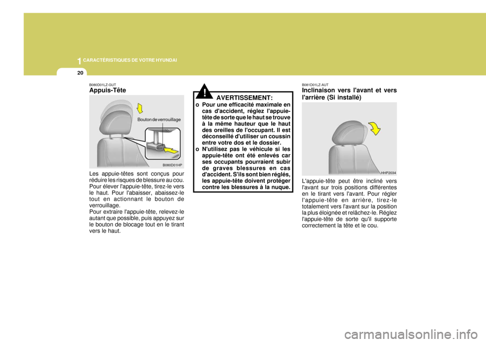 Hyundai Terracan 2005  Manuel du propriétaire (in French) 1CARACTÉRISTIQUES DE VOTRE HYUNDAI
20
B081D01LZ-AUT Inclinaison vers lavant et vers larrière (Si installé) Lappuie-tête peut être incliné vers lavant sur trois positions différentes en le t
