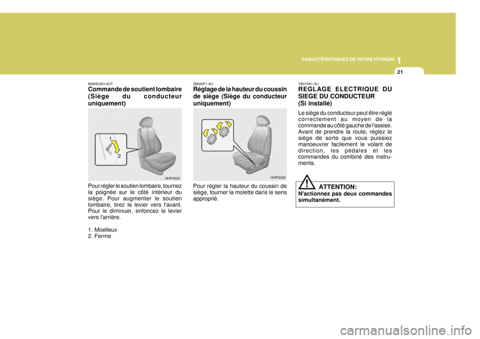 Hyundai Terracan 2005  Manuel du propriétaire (in French) 1
CARACTÉRISTIQUES DE VOTRE HYUNDAI
21
HHP2028
B080E02O-AUT Commande de soutient lombaire (Siège du conducteuruniquement) Pour régler le soutien lombaire, tournez la poignée sur le côté intérie