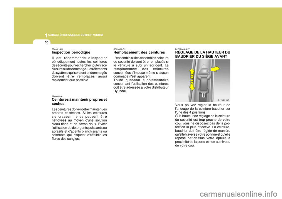 Hyundai Terracan 2005  Manuel du propriétaire (in French) 1CARACTÉRISTIQUES DE VOTRE HYUNDAI
30
ZB090I1-AU Inspection périodique Il est recommandé dinspecter périodiquement toutes les ceinturesde sécurité pour rechercher toute trace dusure ou de domm