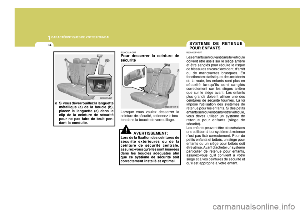 Hyundai Terracan 2005  Manuel du propriétaire (in French) 1CARACTÉRISTIQUES DE VOTRE HYUNDAI
34SYSTEME DE RETENUE POUR ENFANTS
B230A03P-GUT Les enfants se trouvant dans le véhicule doivent être assis sur le siège arrière et être sanglés pour réduire 