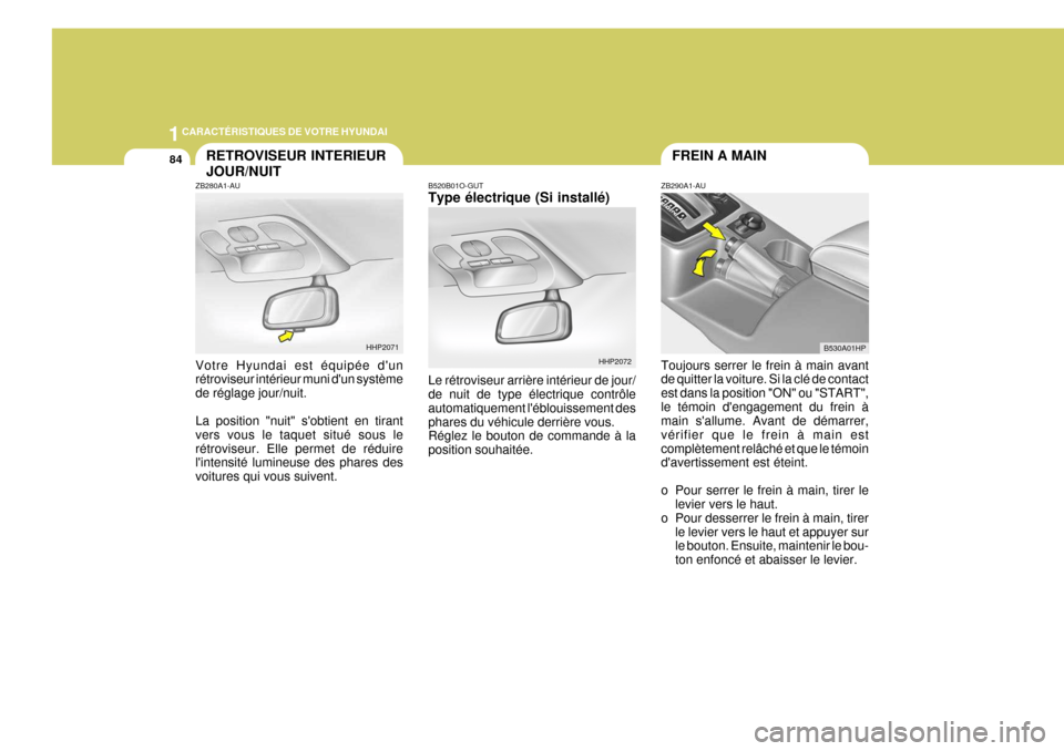 Hyundai Terracan 2005  Manuel du propriétaire (in French) 1CARACTÉRISTIQUES DE VOTRE HYUNDAI
84FREIN A MAIN
ZB290A1-AU Toujours serrer le frein à main avant de quitter la voiture. Si la clé de contact est dans la position "ON" ou "START",le témoin denga
