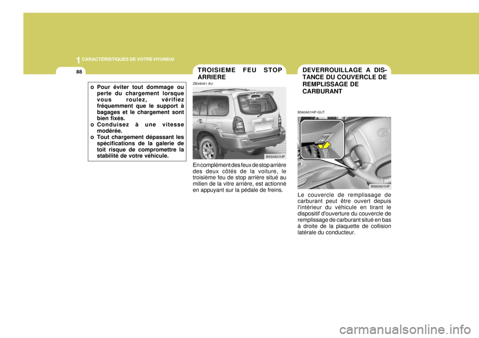 Hyundai Terracan 2005 Manuel du propriétaire (in French) 1CARACTÉRISTIQUES DE VOTRE HYUNDAI
88DEVERROUILLAGE A DIS- TANCE DU COUVERCLE DE REMPLISSAGE DECARBURANTTROISIEME FEU STOP ARRIERE
B550A01HP
ZB340A1-AU En complément des feux de stop arrière des de Hyundai Terracan 2005 Manuel du propriétaire (in French) 1CARACTÉRISTIQUES DE VOTRE HYUNDAI
88DEVERROUILLAGE A DIS- TANCE DU COUVERCLE DE REMPLISSAGE DECARBURANTTROISIEME FEU STOP ARRIERE
B550A01HP
ZB340A1-AU En complément des feux de stop arrière des de
