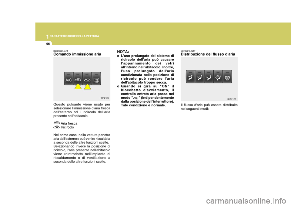 Hyundai Terracan 2005 Manuale del proprietario (in Italian) 1CARATTERISTICHE DELLA VETTURA
96
HHP2125HHP2126
B670C02A-ATT Comando immissione aria
NOTA:
o Luso prolungato del sistema di
ricircolo dellaria può causare lappannamento dei vetriallinterno nell Hyundai Terracan 2005 Manuale del proprietario (in Italian) 1CARATTERISTICHE DELLA VETTURA
96
HHP2125HHP2126
B670C02A-ATT Comando immissione aria
NOTA:
o Luso prolungato del sistema di
ricircolo dellaria può causare lappannamento dei vetriallinterno nell