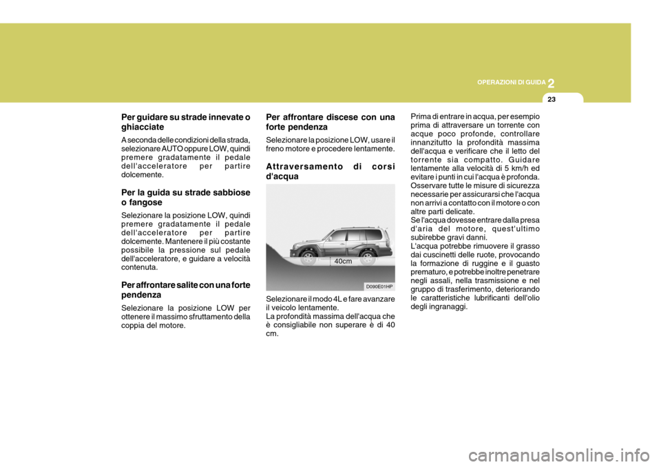 Hyundai Terracan 2005  Manuale del proprietario (in Italian) 2
OPERAZIONI DI GUIDA
23
Per guidare su strade innevate o ghiacciate A seconda delle condizioni della strada, selezionare AUTO oppure LOW, quindipremere gradatamente il pedale dellacceleratore per pa