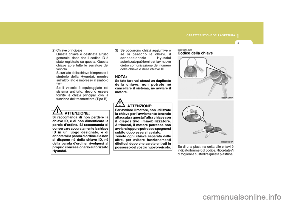 Hyundai Terracan 2005 Manuale del proprietario (in Italian) 1
CARATTERISTICHE DELLA VETTURA
5
!
2) Chiave principale
Questa chiave è destinata alluso generale, dopo che il codice ID è stato registrato su questa. Questa chiave apre tutte le serrature delveic Hyundai Terracan 2005 Manuale del proprietario (in Italian) 1
CARATTERISTICHE DELLA VETTURA
5
!
2) Chiave principale
Questa chiave è destinata alluso generale, dopo che il codice ID è stato registrato su questa. Questa chiave apre tutte le serrature delveic