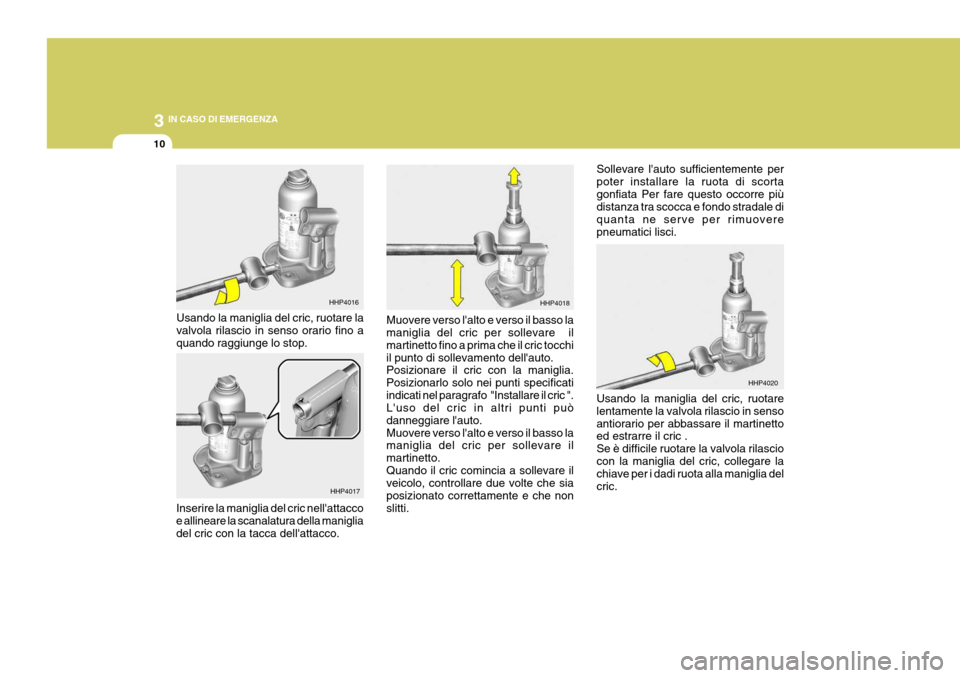 Hyundai Terracan 2005 Manuale del proprietario (in Italian) 3 IN CASO DI EMERGENZA
10
Usando la maniglia del cric, ruotare la valvola rilascio in senso orario fino a quando raggiunge lo stop.
Inserire la maniglia del cric nellattacco e allineare la scanalatur Hyundai Terracan 2005 Manuale del proprietario (in Italian) 3 IN CASO DI EMERGENZA
10
Usando la maniglia del cric, ruotare la valvola rilascio in senso orario fino a quando raggiunge lo stop.
Inserire la maniglia del cric nellattacco e allineare la scanalatur