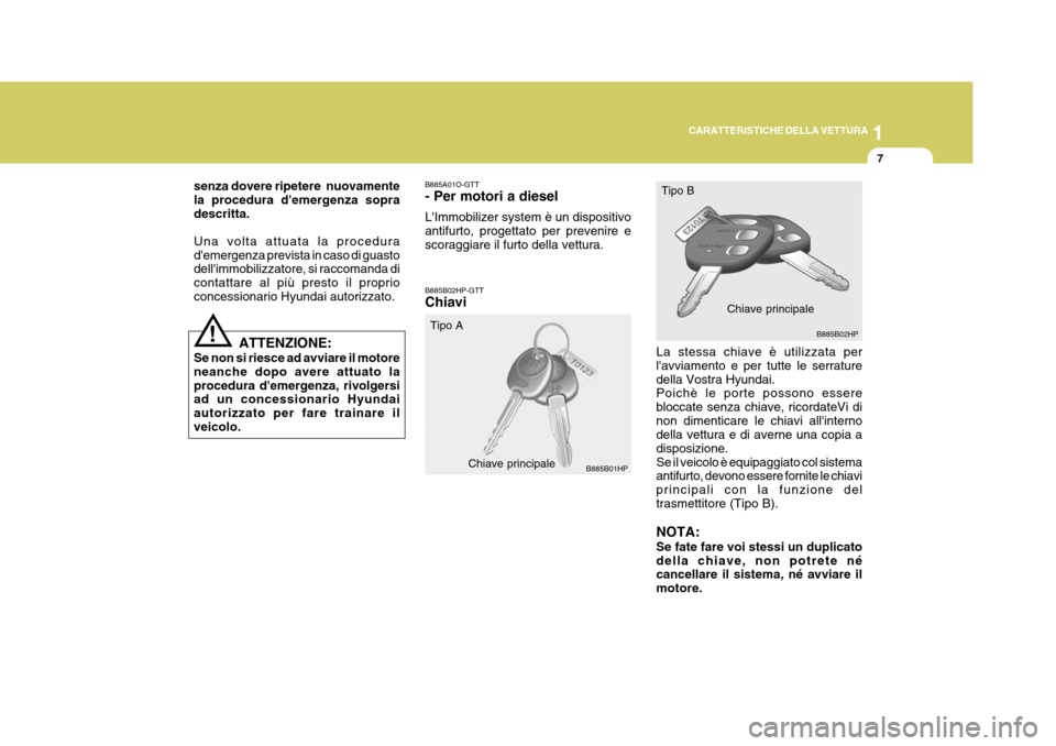 Hyundai Terracan 2005  Manuale del proprietario (in Italian) 1
CARATTERISTICHE DELLA VETTURA
7
!
senza dovere ripetere  nuovamente la procedura demergenza sopradescritta. Una volta attuata la procedura demergenza prevista in caso di guasto dellimmobilizzator