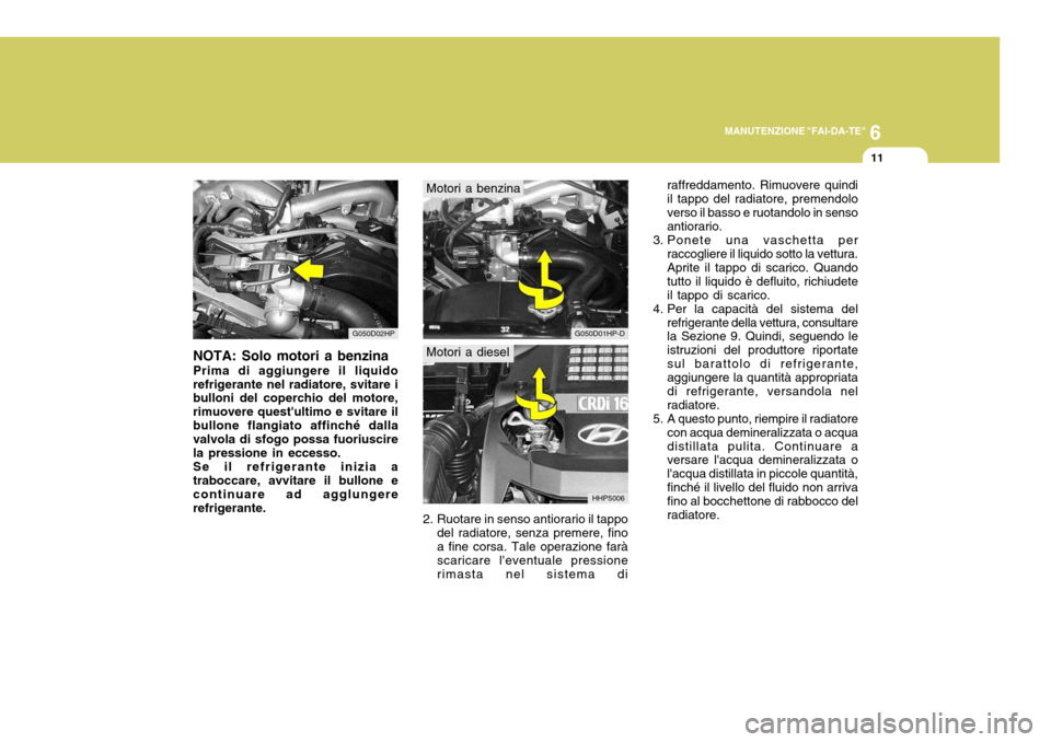 Hyundai Terracan 2005 Manuale del proprietario (in Italian) 6
MANUTENZIONE "FAI-DA-TE"
11
NOTA: Solo motori a benzina Prima di aggiungere il liquido refrigerante nel radiatore, svitare i bulloni del coperchio del motore, rimuovere questultimo e svitare ilbull Hyundai Terracan 2005 Manuale del proprietario (in Italian) 6
MANUTENZIONE "FAI-DA-TE"
11
NOTA: Solo motori a benzina Prima di aggiungere il liquido refrigerante nel radiatore, svitare i bulloni del coperchio del motore, rimuovere questultimo e svitare ilbull