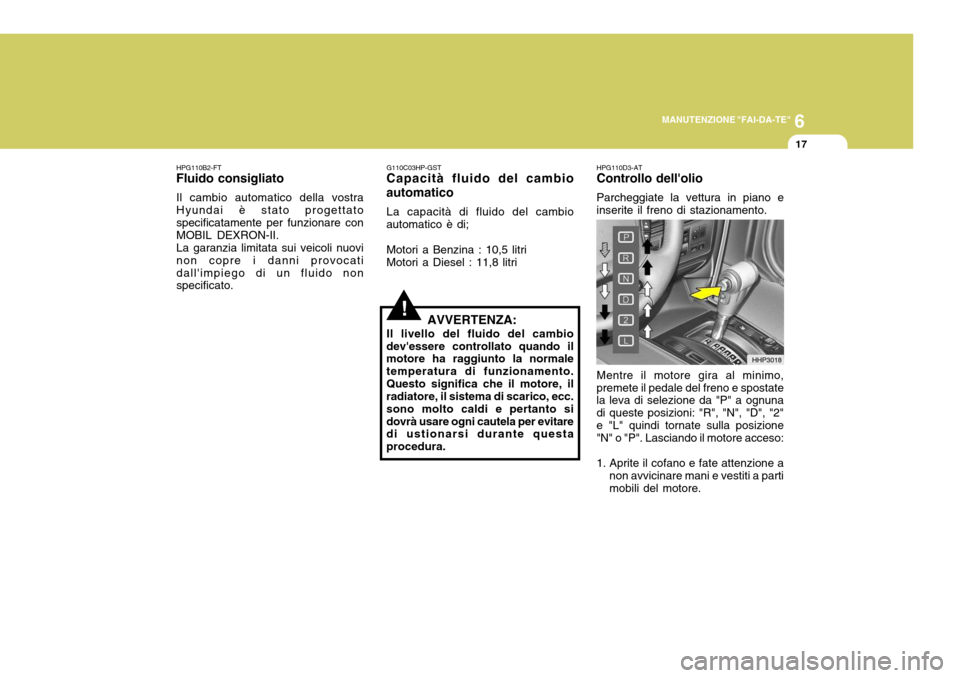 Hyundai Terracan 2005  Manuale del proprietario (in Italian) 6
MANUTENZIONE "FAI-DA-TE"
17
HPG110B2-FT
Fluido consigliato
Il cambio automatico della vostra Hyundai è stato progettato specificatamente per funzionare con MOBIL DEXRON-II.La garanzia limitata sui 