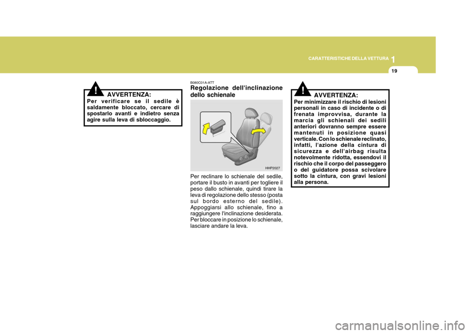 Hyundai Terracan 2005  Manuale del proprietario (in Italian) 1
CARATTERISTICHE DELLA VETTURA
19
!!AVVERTENZA:
Per verificare se il sedile è saldamente bloccato, cercare di spostarlo avanti e indietro senza agire sulla leva di sbloccaggio. B080C01A-ATT Regolazi
