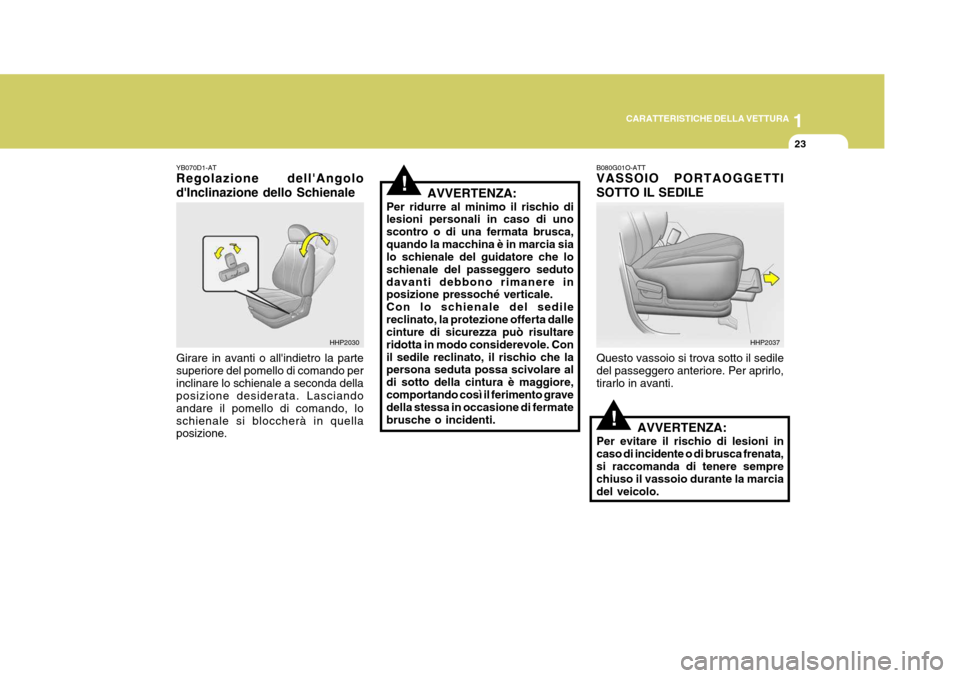 Hyundai Terracan 2005  Manuale del proprietario (in Italian) 1
CARATTERISTICHE DELLA VETTURA
23
!
YB070D1-AT Regolazione dellAngolo dInclinazione dello Schienale Girare in avanti o allindietro la parte superiore del pomello di comando perinclinare lo schiena
