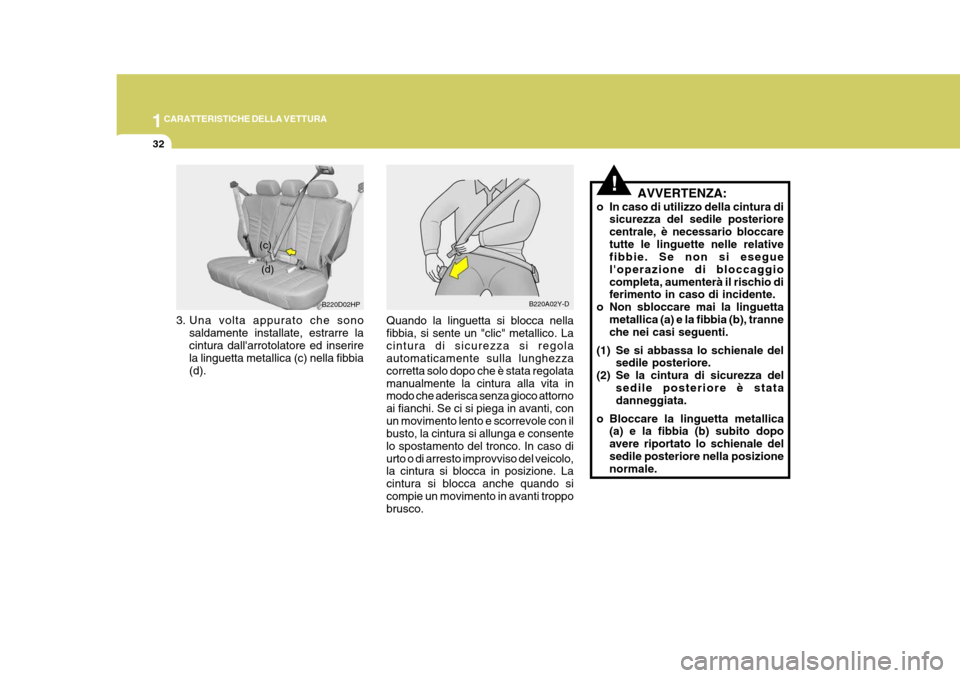 Hyundai Terracan 2005  Manuale del proprietario (in Italian) 1CARATTERISTICHE DELLA VETTURA
32
!
3. Una volta appurato che sono
saldamente installate, estrarre la cintura dallarrotolatore ed inserire la linguetta metallica (c) nella fibbia (d). AVVERTENZA:
o I
