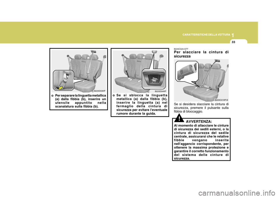 Hyundai Terracan 2005 Manuale del proprietario (in Italian) 1
CARATTERISTICHE DELLA VETTURA
33
!
B220C02A-GTT Per slacciare la cintura di sicurezza Se si desidera slacciare la cintura di sicurezza, premere il pulsante sullafibbia di bloccaggio.
AVVERTENZA:
Al Hyundai Terracan 2005 Manuale del proprietario (in Italian) 1
CARATTERISTICHE DELLA VETTURA
33
!
B220C02A-GTT Per slacciare la cintura di sicurezza Se si desidera slacciare la cintura di sicurezza, premere il pulsante sullafibbia di bloccaggio.
AVVERTENZA:
Al