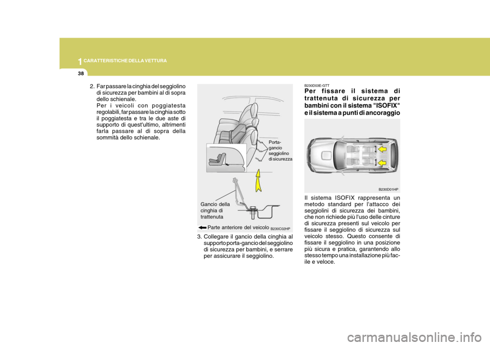 Hyundai Terracan 2005  Manuale del proprietario (in Italian) 1CARATTERISTICHE DELLA VETTURA
38
2. Far passare la cinghia del seggiolinodi sicurezza per bambini al di sopra dello schienale. Per i veicoli con poggiatesta regolabili, far passare la cinghia sottoil