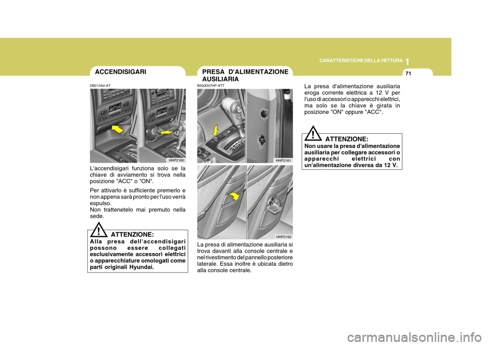 Hyundai Terracan 2005  Manuale del proprietario (in Italian) 1
CARATTERISTICHE DELLA VETTURA
71PRESA DALIMENTAZIONE AUSILIARIA
HHP2162
HHP2161ACCENDISIGARI
HHP2160
!
DB210A2-AT Laccendisigari funziona solo se la chiave di avviamento si trova nella posizione "