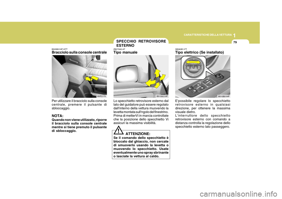 Hyundai Terracan 2005 Manuale del proprietario (in Italian) 1
CARATTERISTICHE DELLA VETTURA
79SPECCHIO RETROVISORE ESTERNO
B505B01HP-GTT Bracciolo sulla console centrale Per utilizzare il bracciolo sulla console centrale, premere il pulsante di sbloccaggio. NO Hyundai Terracan 2005 Manuale del proprietario (in Italian) 1
CARATTERISTICHE DELLA VETTURA
79SPECCHIO RETROVISORE ESTERNO
B505B01HP-GTT Bracciolo sulla console centrale Per utilizzare il bracciolo sulla console centrale, premere il pulsante di sbloccaggio. NO