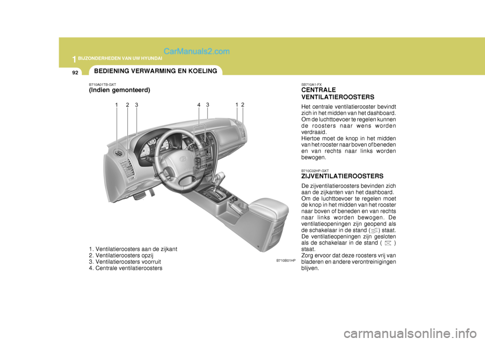 Hyundai Terracan 2005 Handleiding (in Dutch) 1BIJZONDERHEDEN VAN UW HYUNDAI
92BEDIENING VERWARMING EN KOELING
B710B01HP
B710A01TB-GXT (Indien gemonteerd)
1. Ventilatieroosters aan de zijkant
2. Ventilatieroosters opzij
3. Ventilatieroosters v Hyundai Terracan 2005 Handleiding (in Dutch) 1BIJZONDERHEDEN VAN UW HYUNDAI
92BEDIENING VERWARMING EN KOELING
B710B01HP
B710A01TB-GXT (Indien gemonteerd)
1. Ventilatieroosters aan de zijkant
2. Ventilatieroosters opzij
3. Ventilatieroosters v