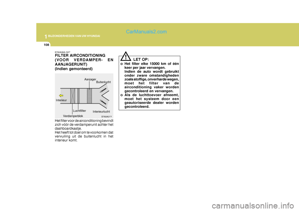 Hyundai Terracan 2005  Handleiding (in Dutch) 1BIJZONDERHEDEN VAN UW HYUNDAI
108
!
LET OP:
o Het filter elke 15000 km of één keer per jaar vervangen. Indien de auto wordt gebruiktonder zware omstandigheden zoals stoffige, onverharde wegen, moet