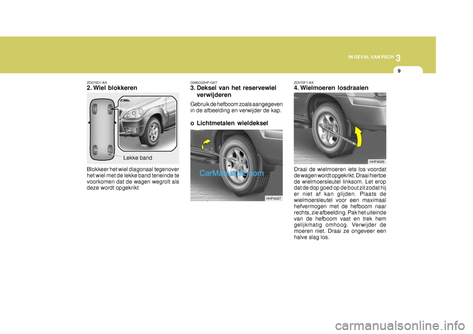 Hyundai Terracan 2005 Handleiding (in Dutch) 3
IN GEVAL VAN PECH
9
ZD070D1-AX
2. Wiel blokkeren Blokkeer het wiel diagonaal tegenover het wiel met de lekke band teneinde tevoorkomen dat de wagen wegrolt als deze wordt opgekrikt
Lekke band D065C Hyundai Terracan 2005 Handleiding (in Dutch) 3
IN GEVAL VAN PECH
9
ZD070D1-AX
2. Wiel blokkeren Blokkeer het wiel diagonaal tegenover het wiel met de lekke band teneinde tevoorkomen dat de wagen wegrolt als deze wordt opgekrikt
Lekke band D065C