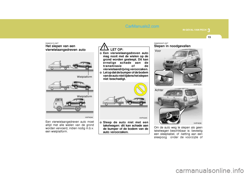 Hyundai Terracan 2005 Handleiding (in Dutch) 3
IN GEVAL VAN PECH
15
D080C01O-GXT Het slepen van een vierwielaangedreven auto
HHP4044
Een vierwielaangedreven auto moet altijd met alle wielen van de grondworden vervoerd, indien nodig m.b.v. een wi Hyundai Terracan 2005 Handleiding (in Dutch) 3
IN GEVAL VAN PECH
15
D080C01O-GXT Het slepen van een vierwielaangedreven auto
HHP4044
Een vierwielaangedreven auto moet altijd met alle wielen van de grondworden vervoerd, indien nodig m.b.v. een wi