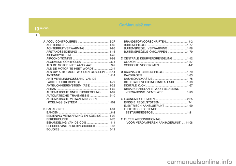 Hyundai Terracan 2005  Handleiding (in Dutch) 10INHOUD
2
A ACCU CONTROLEREN ...... ..................................6-27
ACHTERKLEP ....................................................... 1-80
ACHTERRUITVERWARMING ...............................